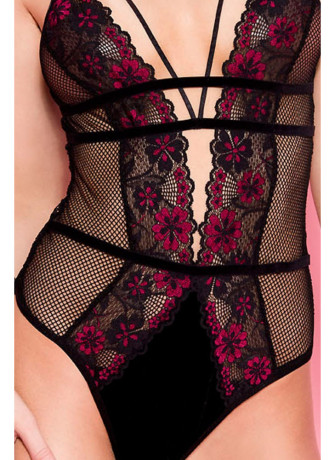 Body noir résille sexy bordures dentelle fleurie et ornements - ML80022BHP
